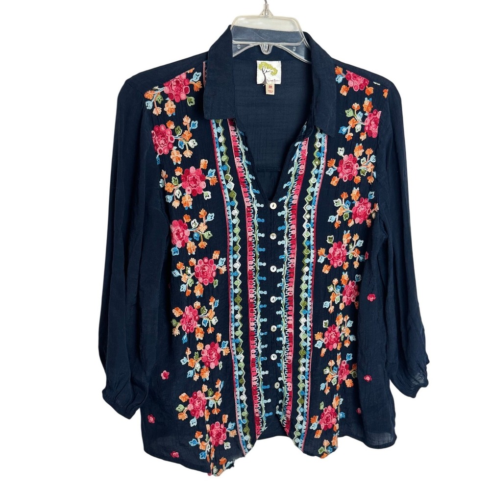 Fig and Flower Navy Blue Floral Embroidered Boho Blouse Top Medium